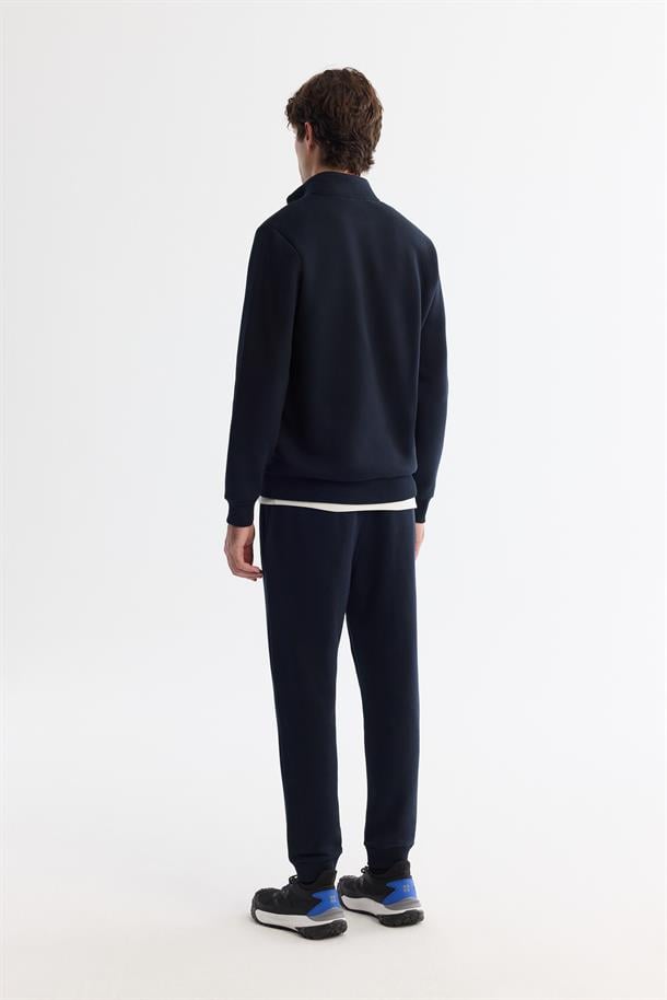 Lacivert Dik Yaka Fermuarlı Şardonlu 3 İplik  Sweatshirt