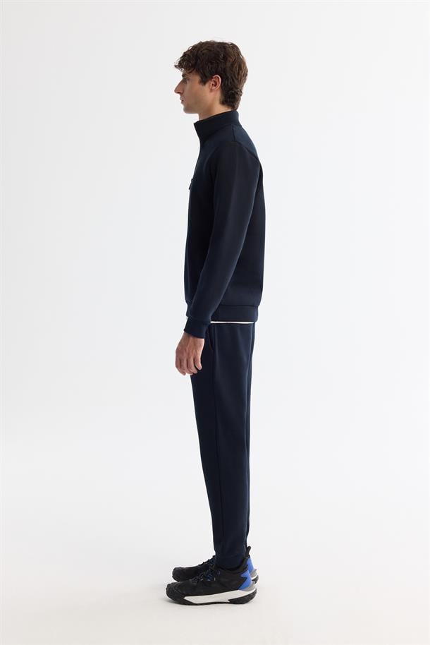 Lacivert Dik Yaka Fermuarlı Şardonlu 3 İplik  Sweatshirt