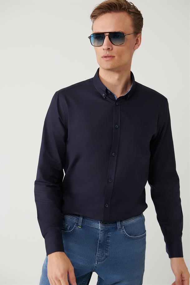 Lacivert Düğmeli Yaka %100 Pamuk Oxford Regular Fit Gömlek