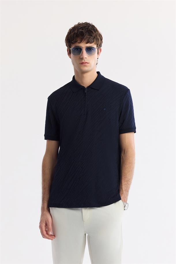 Lacivert Fermuarlı Polo Yaka Jakarlı T-Shirt