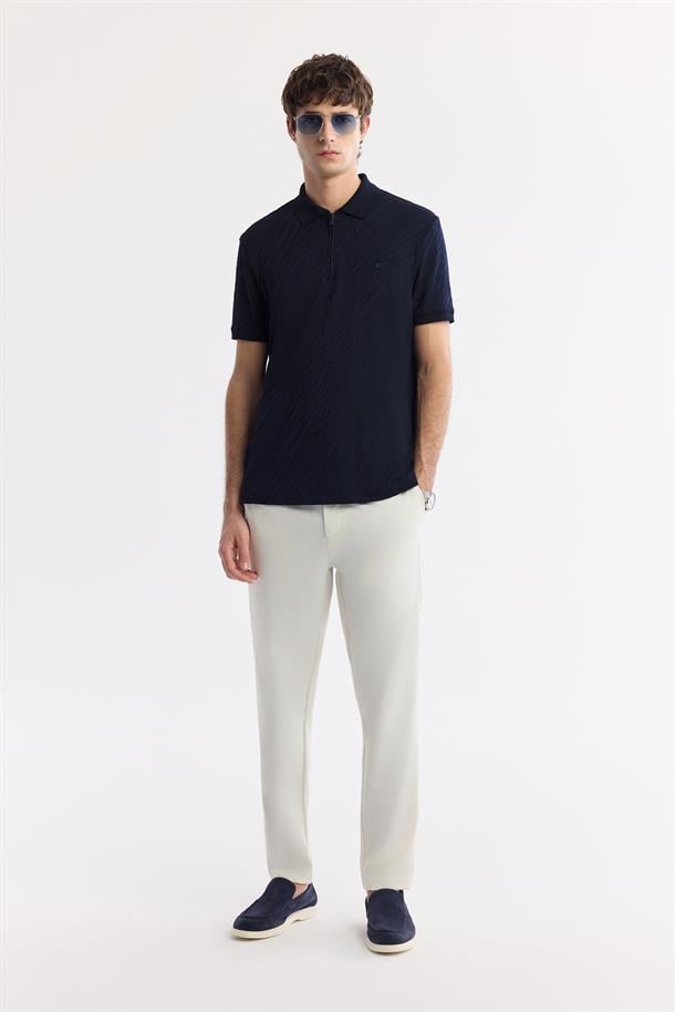 Lacivert Fermuarlı Polo Yaka Jakarlı T-Shirt