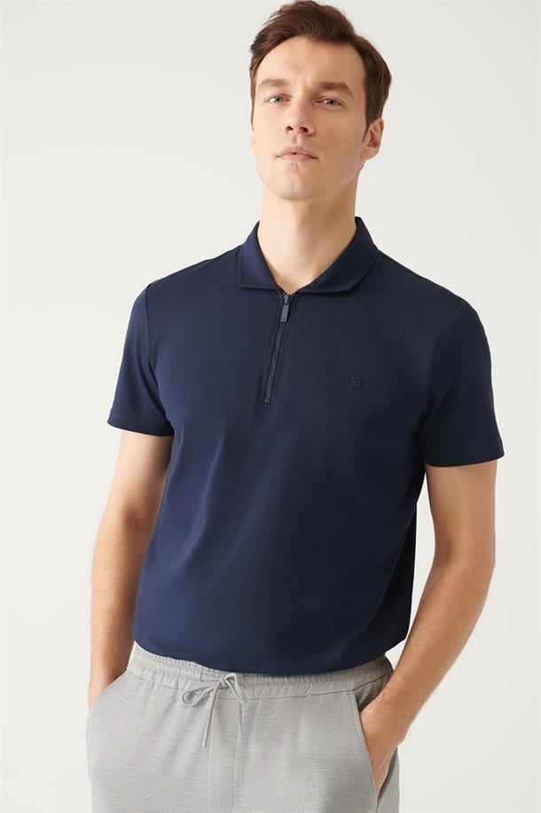Lacivert Fermuarlı Polo Yaka T-Shirt