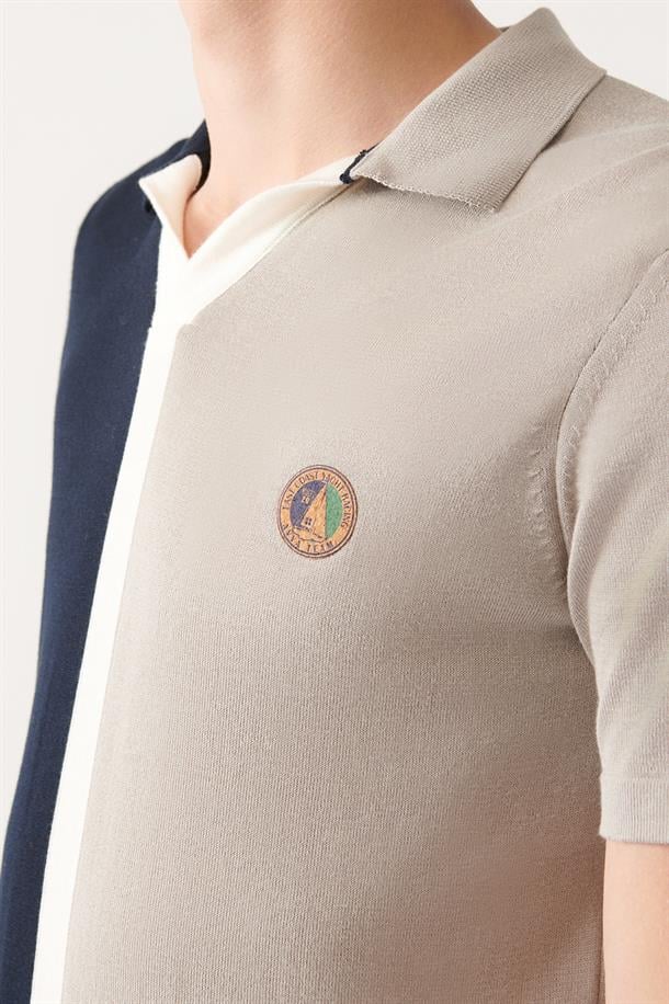 Lacivert-Gri Düğmesiz Polo Yaka Blok Renkli Triko T-shirt