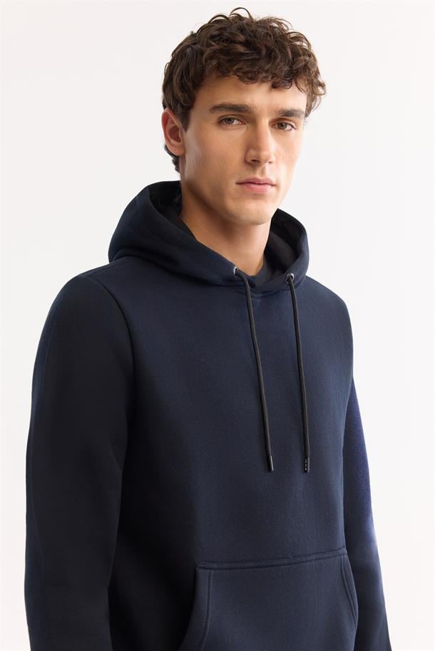 Lacivert Kapüşonlu 3 İplik Şardonlu Pamuklu Sweatshirt