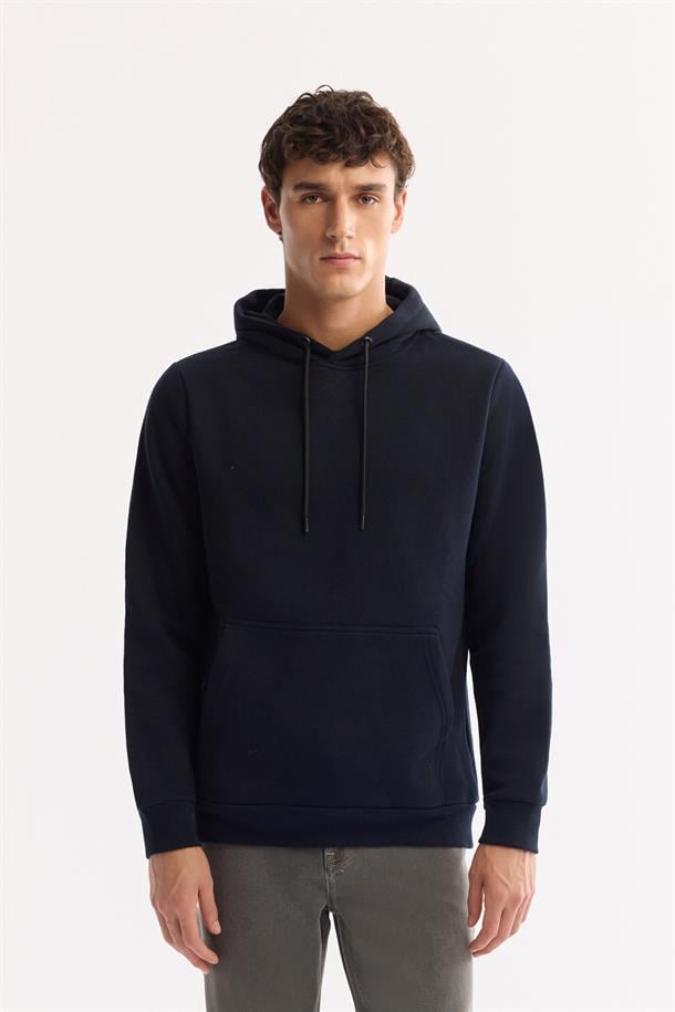 Lacivert Kapüşonlu 3 İplik Şardonlu Pamuklu Sweatshirt