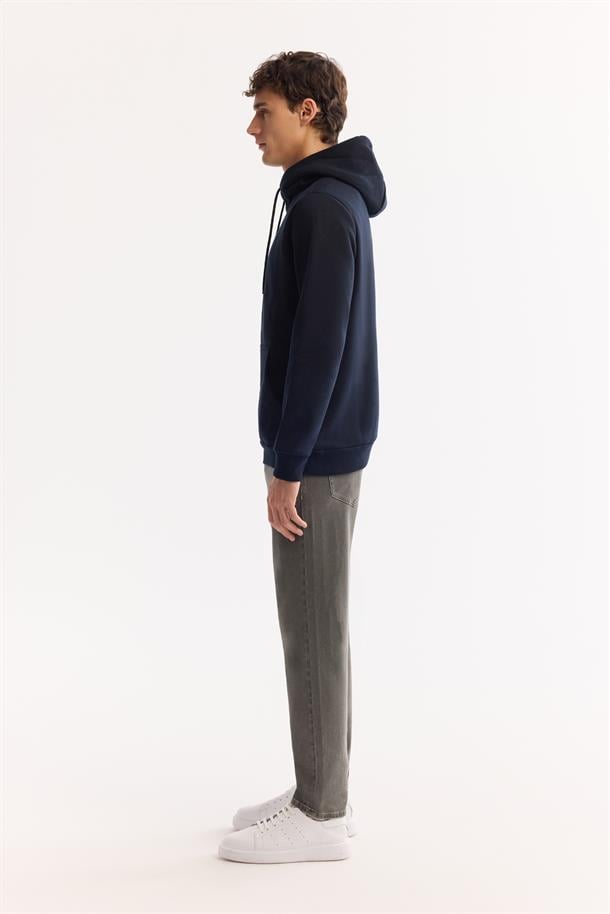Lacivert Kapüşonlu 3 İplik Şardonlu Pamuklu Sweatshirt