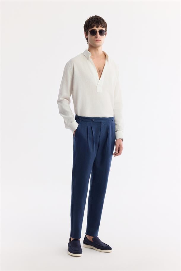 Lacivert Klasilk Bel Apolet Detaylı Gordion %100 Keten Carrot Fit Pantolon
