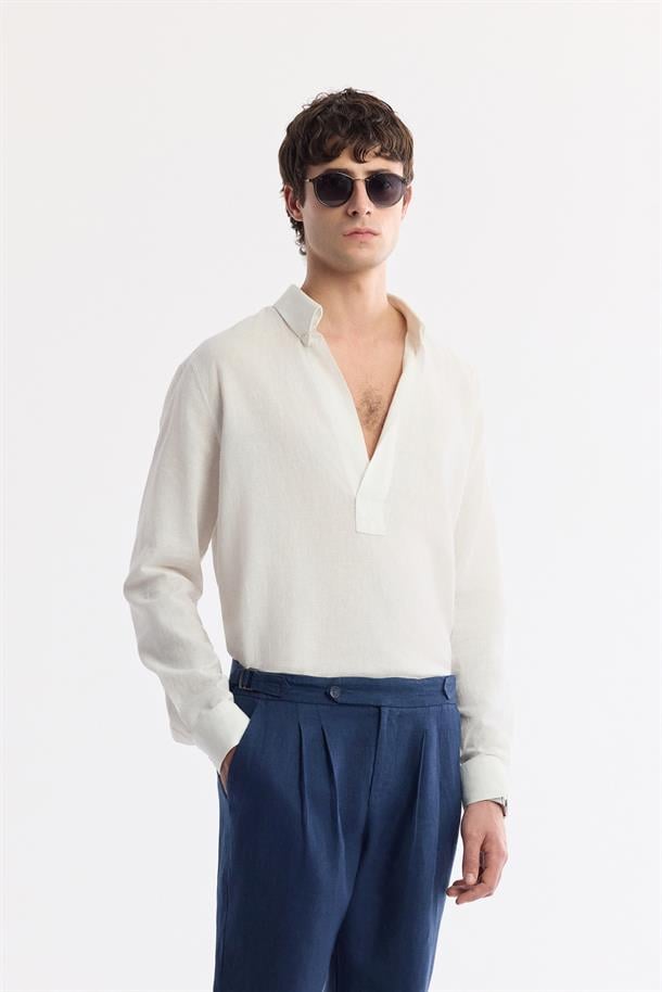 Lacivert Klasilk Bel Apolet Detaylı Gordion %100 Keten Carrot Fit Pantolon