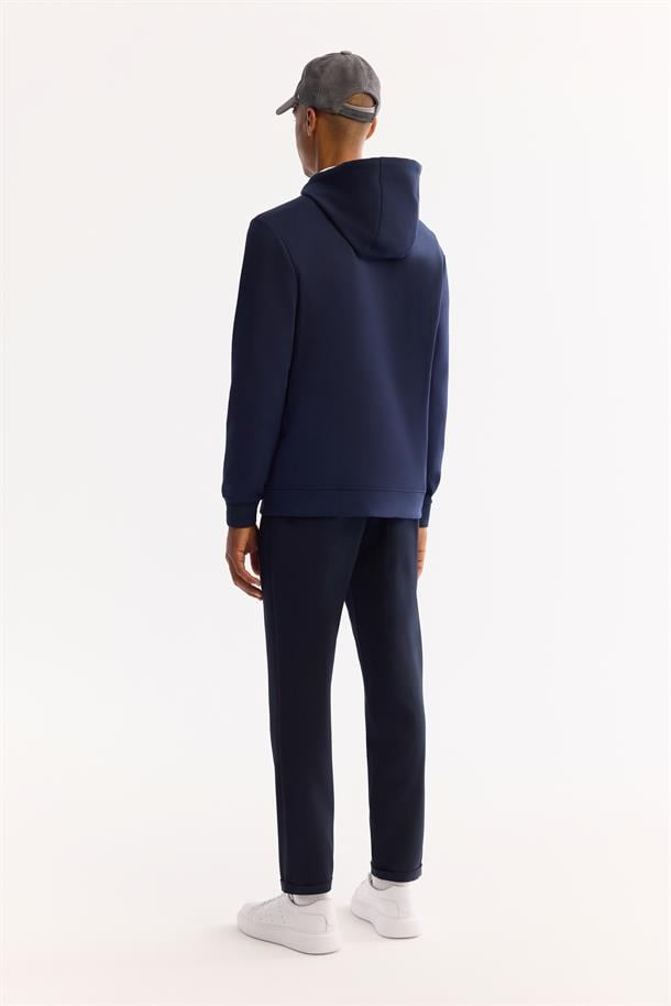 Lacivert Pamuklu Kanguru Cepli İnterlok Sweatshirt