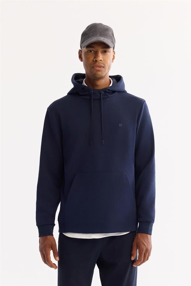 Lacivert Pamuklu Kanguru Cepli İnterlok Sweatshirt