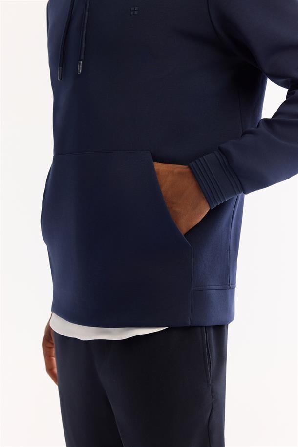 Lacivert Pamuklu Kanguru Cepli İnterlok Sweatshirt