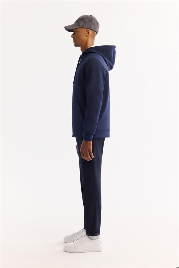 Lacivert Pamuklu Kanguru Cepli İnterlok Sweatshirt