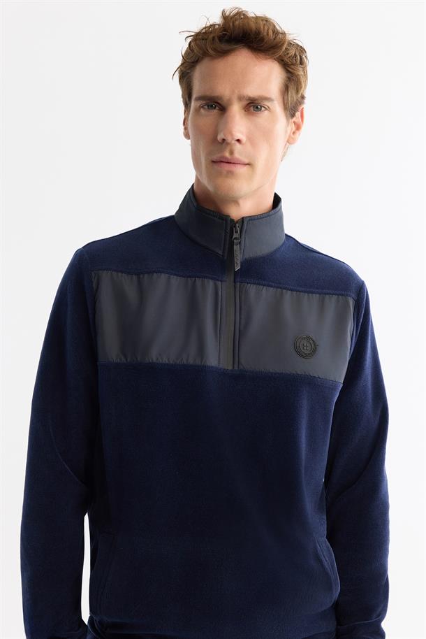 Lacivert Paraşüt Garnili Yarım Fermuar Polar Sweatshirt