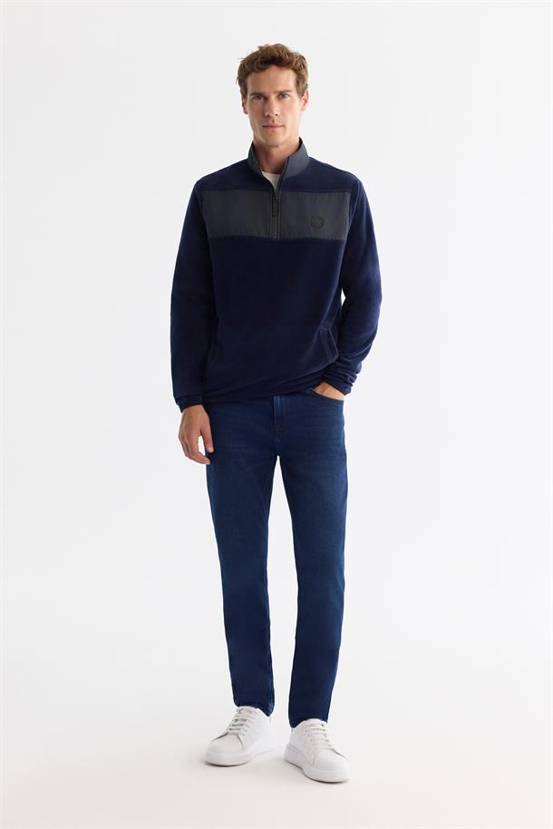 Lacivert Paraşüt Garnili Yarım Fermuar Polar Sweatshirt