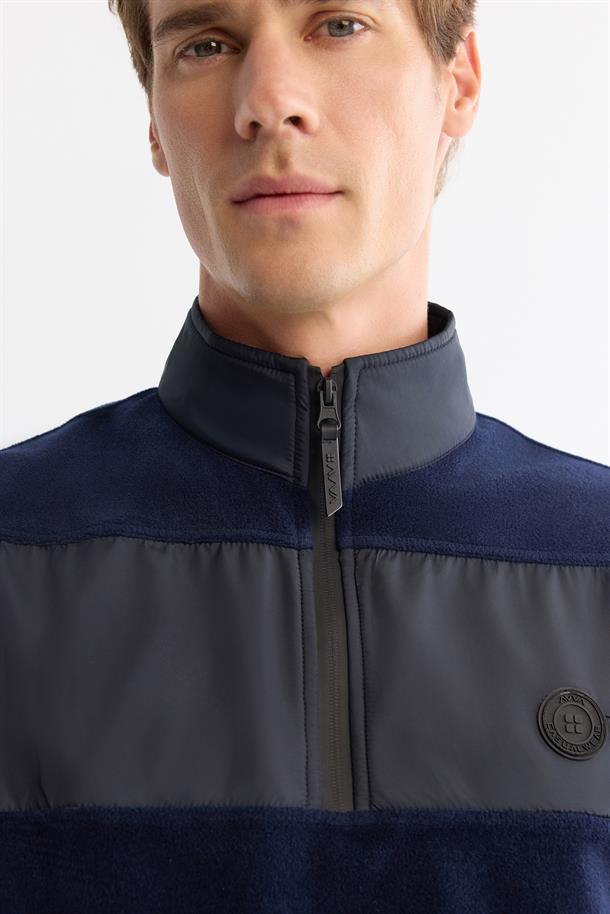 Lacivert Paraşüt Garnili Yarım Fermuar Polar Sweatshirt