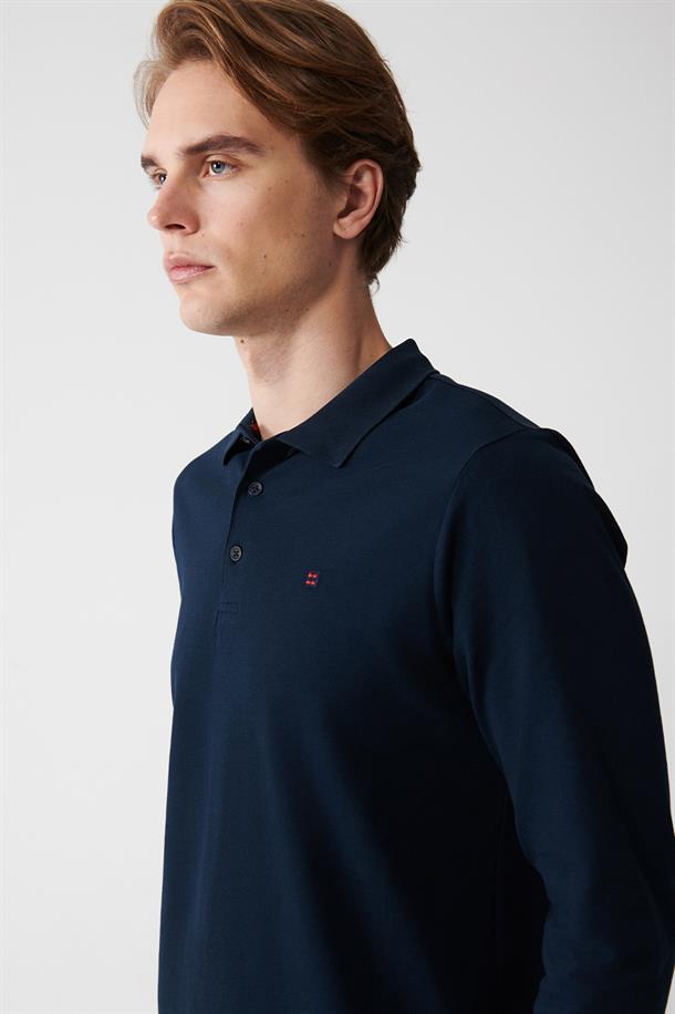 Lacivert Polo Yaka %100 Pamuk Basic Regular Fit Standart Kesim Sweatshirt