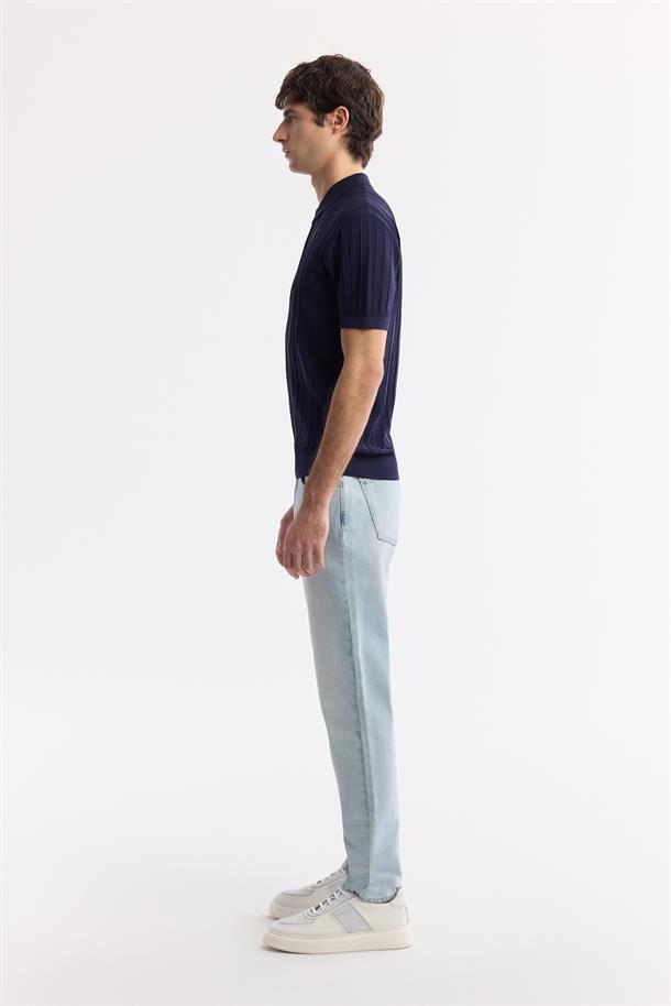 Lacivert Polo Yaka Fermuarlı Fitil Örgü Detaylı Rayon Triko T-shirt