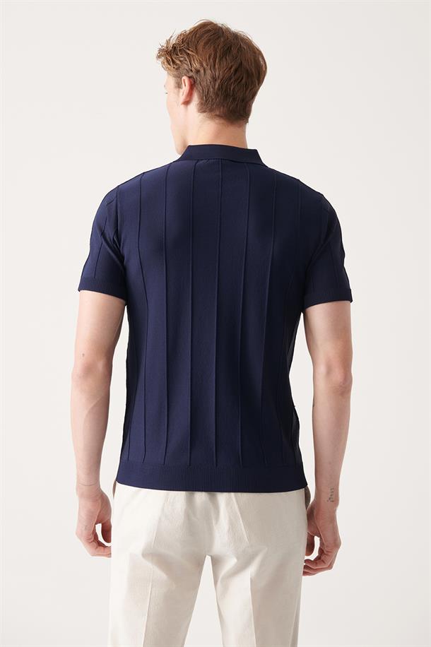 Lacivert Polo Yaka Fermuarlı Fitil Örgü Detaylı Triko T-shirt