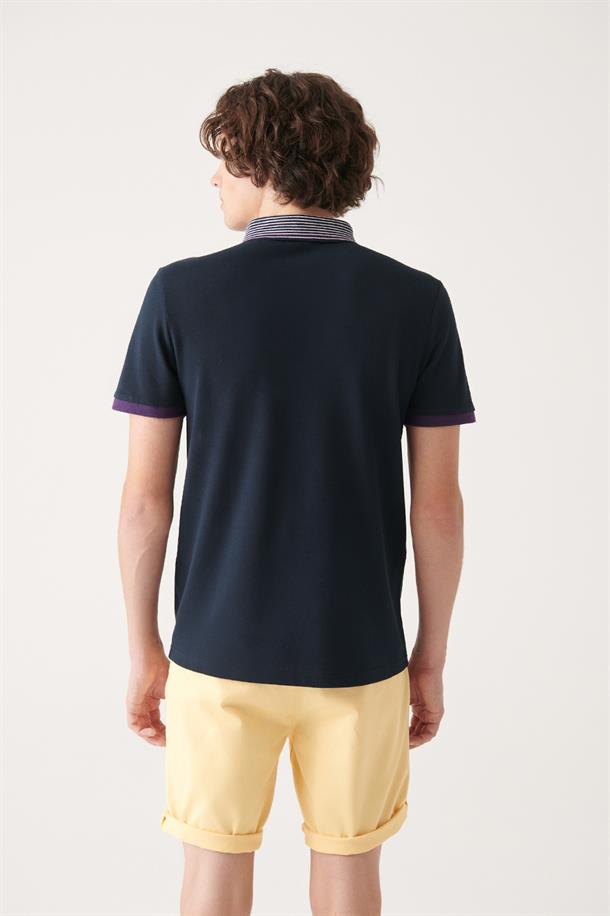 Lacivert Polo Yaka Yakası Şeritli  T-Shirt