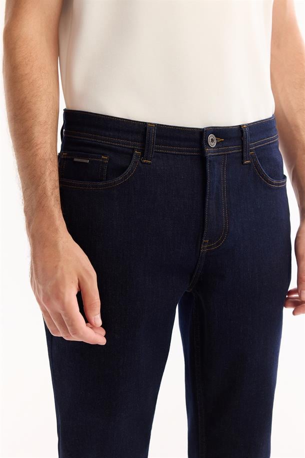 Lacivert Rins Yıkamalı Pamuklu Jean Pantolon
