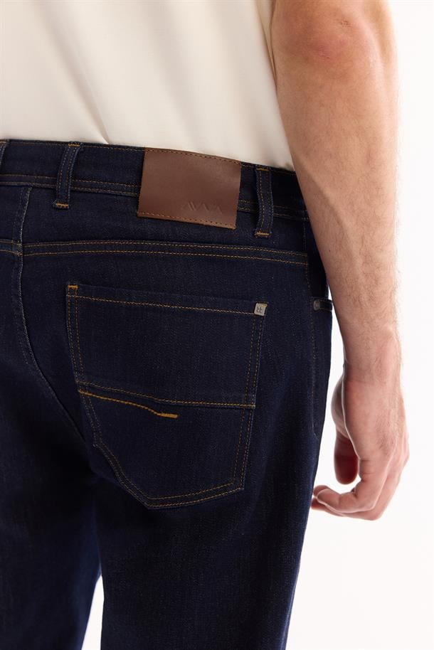 Lacivert Rins Yıkamalı Pamuklu Jean Pantolon