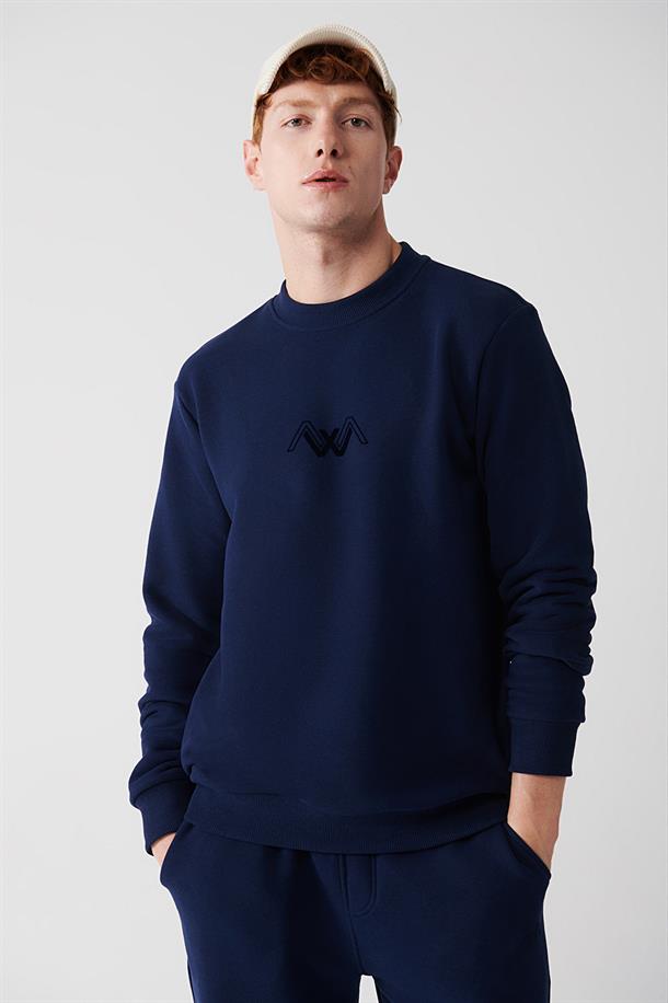 Lacivert Şardonlu Kumaş Bisiklet Yaka Enjeksiyon Baskılı Sweatshirt