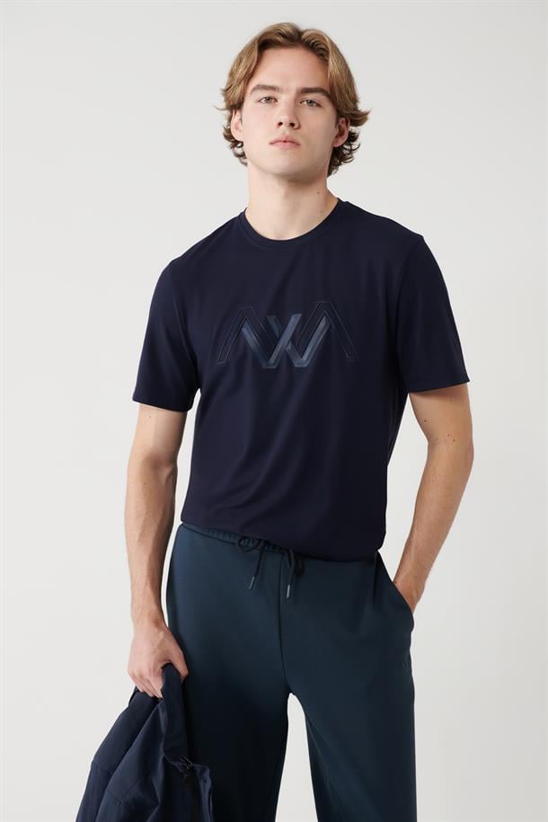 Lacivert Soft Touch Baskılı Bisiklet Yaka T-shirt