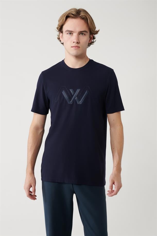 Lacivert Soft Touch Baskılı Bisiklet Yaka T-shirt