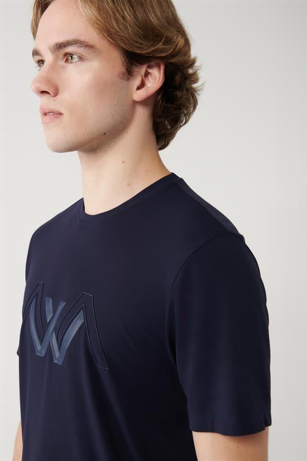 Lacivert Soft Touch Baskılı Bisiklet Yaka T-shirt