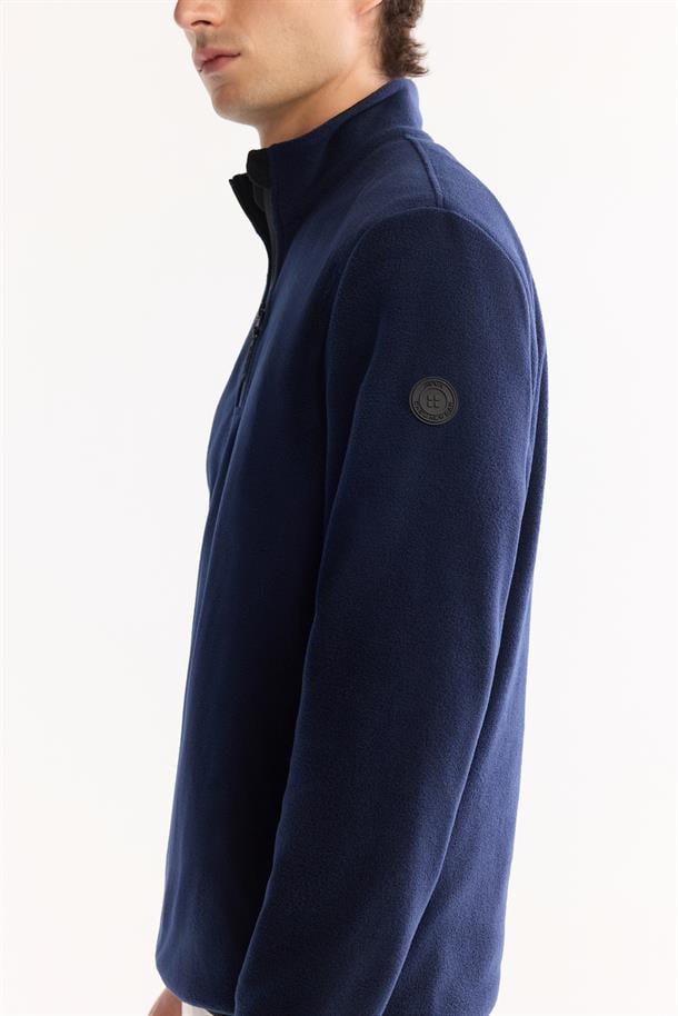 Lacivert Soğuğa Dayanıklı Yarım Fermuarlı Dik Yaka Polar Sweatshirt