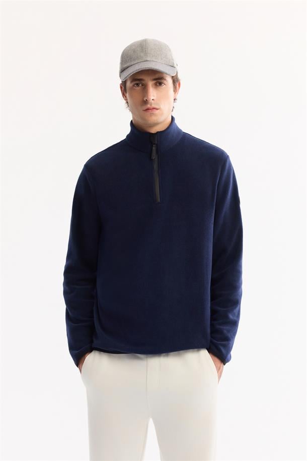 Lacivert Soğuğa Dayanıklı Yarım Fermuarlı Dik Yaka Polar Sweatshirt