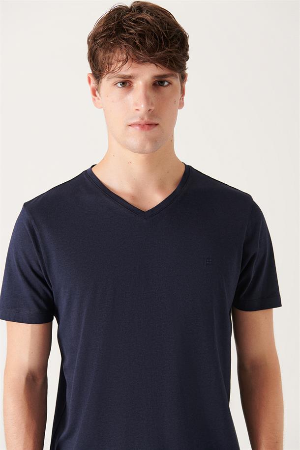 Lacivert Ultrasoft V Yaka Düz Regular Fit Modal T-Shirt