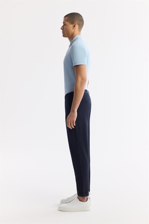Lacivert Yan Beli Lastikli Gofreli Chino Pantolon