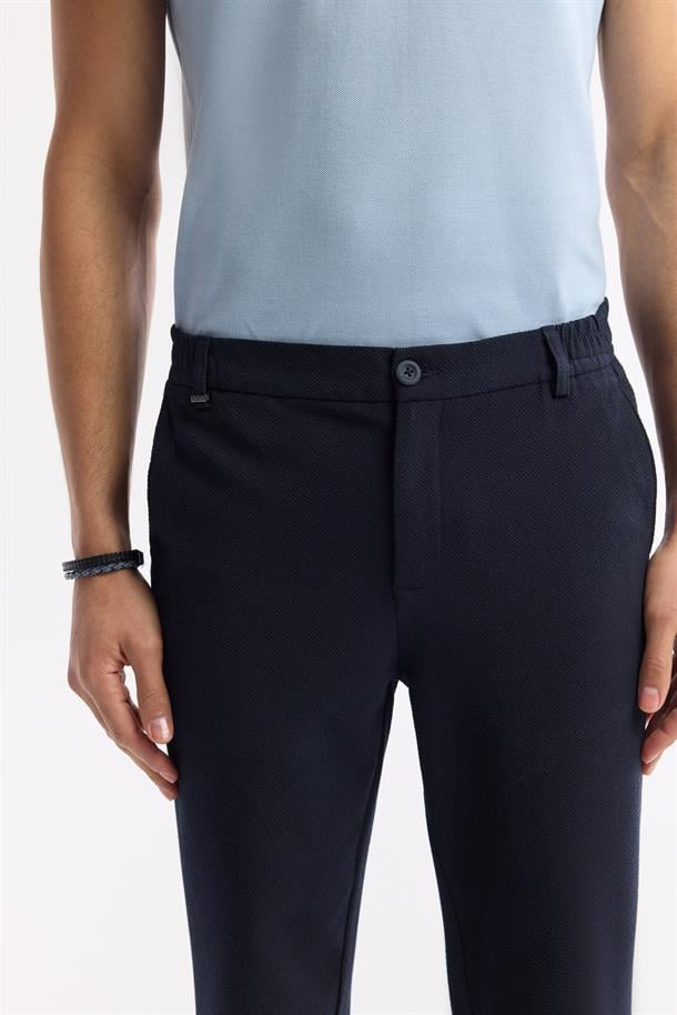 Lacivert Yan Beli Lastikli Gofreli Chino Pantolon