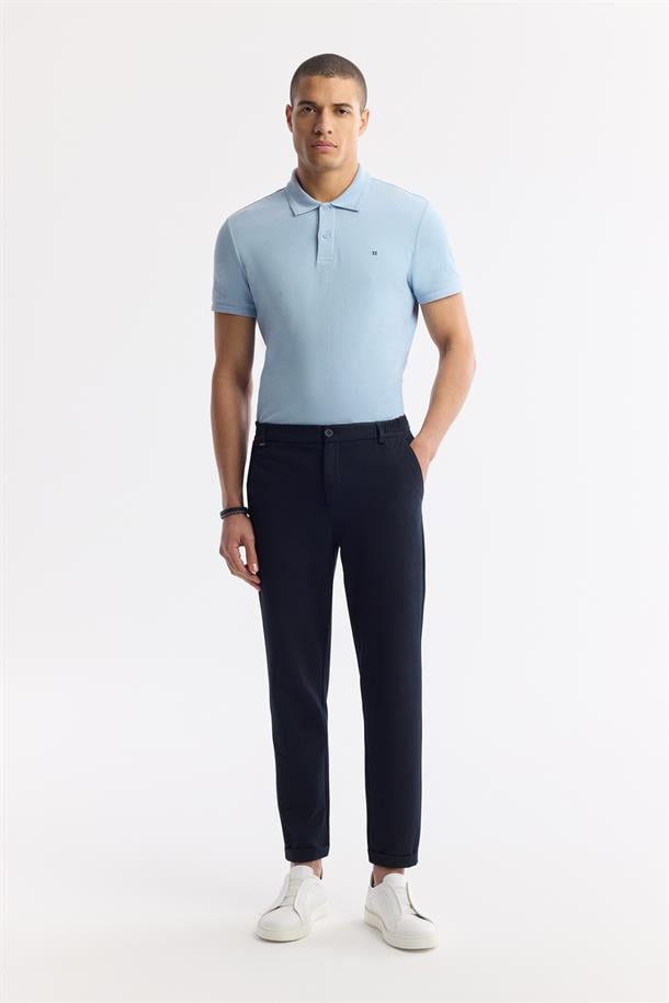 Lacivert Yan Beli Lastikli Gofreli Chino Pantolon