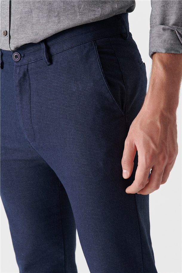 Lacivert Yandan Cepli Mikro Desenli Slim Comfort Fit Pantolon