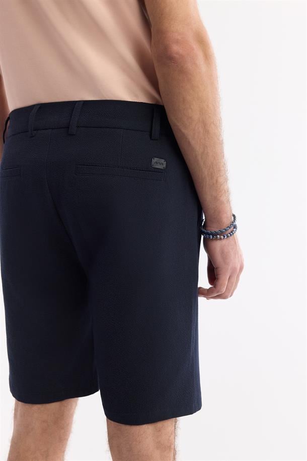 Lacivert Yanı Lastikli Gofreli Olympos Relaxed Fit Chino Şort