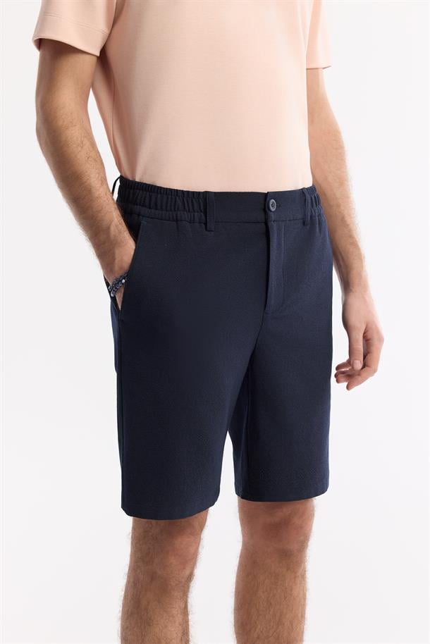 Lacivert Yanı Lastikli Gofreli Olympos Relaxed Fit Chino Şort