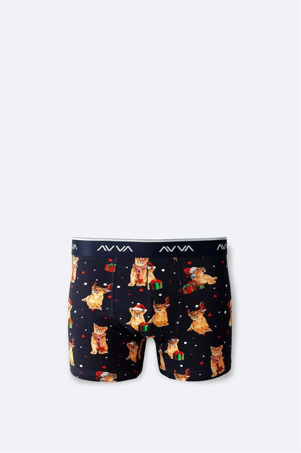 Lacivert Yılbaşı Desenli Tekli Kutu Boxer