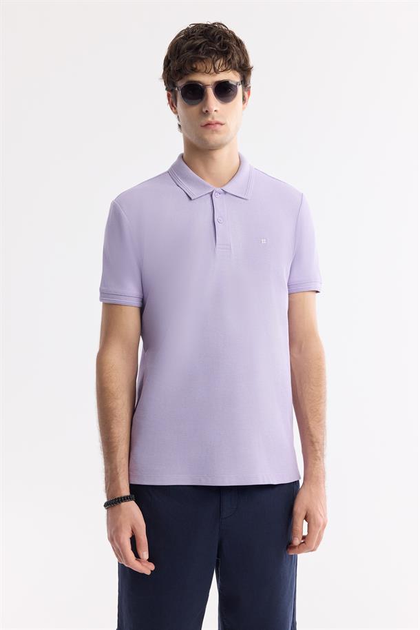 Lila %100 Pamuk Hızlı Kuruyan Kıvrılmayan Polo Yaka T-Shirt
