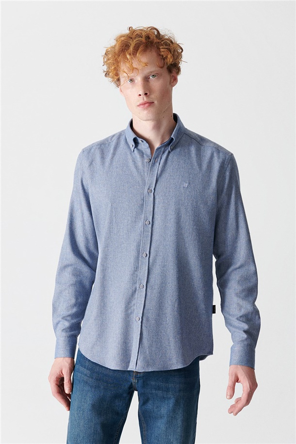 Mavi Armürlü Düğmeli Yaka Comfort Fit Gömlek