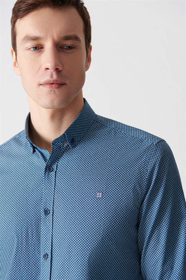 Mavi Baskılı Düğmeli Yaka Regular Fit Gömlek