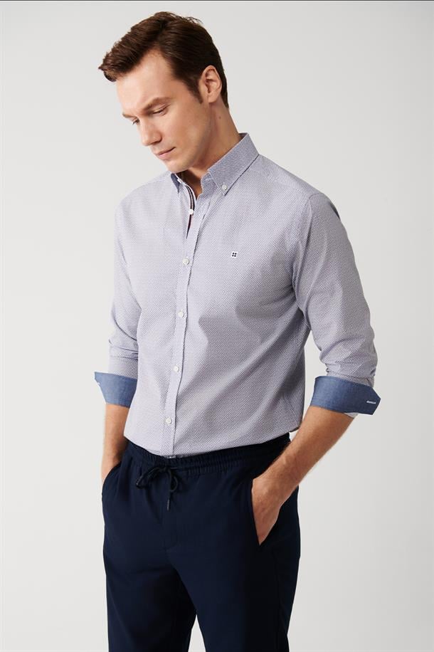 Mavi Düğmeli Yaka Desenli Şerit Detaylı Pamuk Karışımlı Slim Fit Gömlek