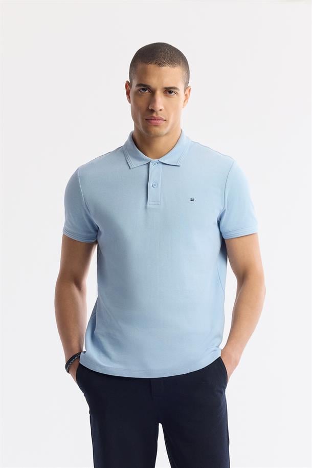 Mavi Polo Yaka Kırılmaz Yaka, Serin Tutan, Hızlı Kuruyan Pamuklu T-Shirt