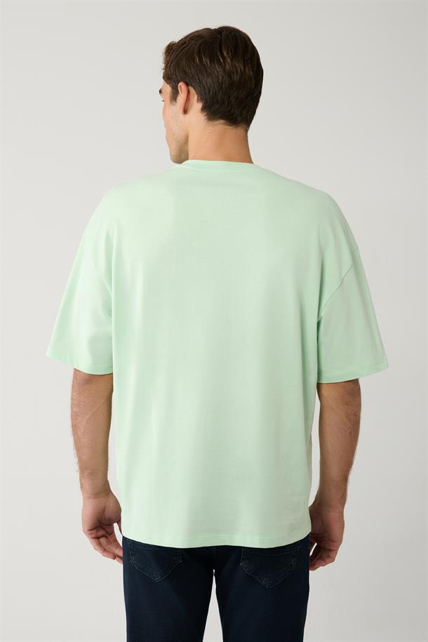 Mint Yeşil Baskılı Bisiklet Yaka Pamuklu Oversize T-shirt