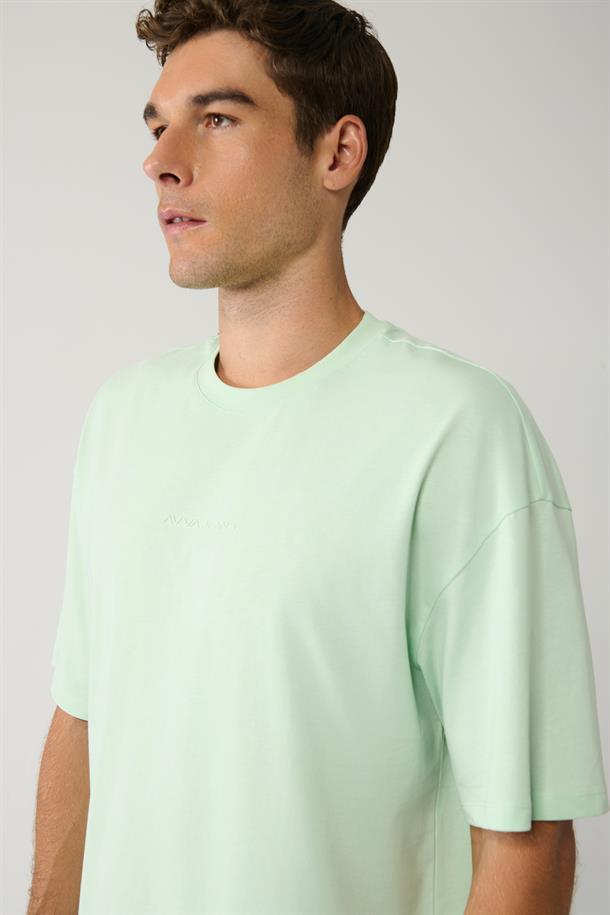 Mint Yeşil Baskılı Bisiklet Yaka Pamuklu Oversize T-shirt