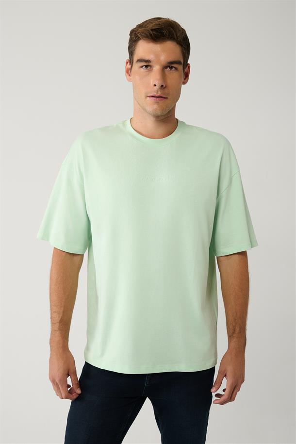 Mint Yeşil Baskılı Bisiklet Yaka Pamuklu Oversize T-shirt