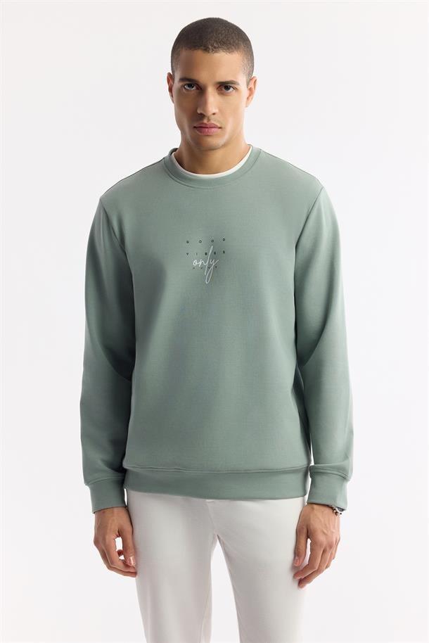 Mint Yeşil Bisiklet Yaka Baskılı İnterlok Sweatshirt