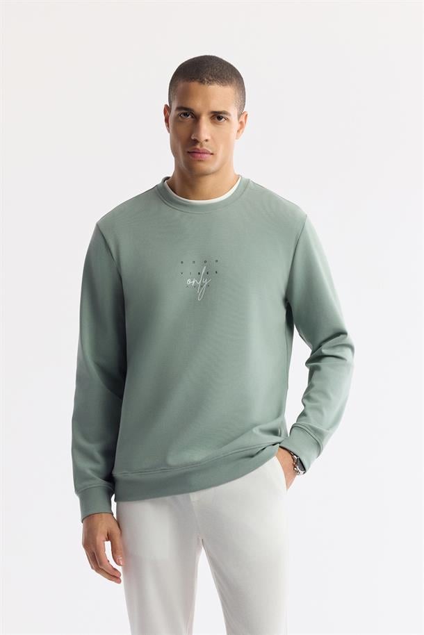 Mint Yeşil Bisiklet Yaka Baskılı İnterlok Sweatshirt