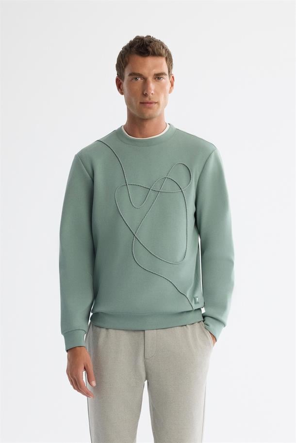 Mint Yeşil Bisiklet Yaka Pamuklu Baskılı Sweatshirt